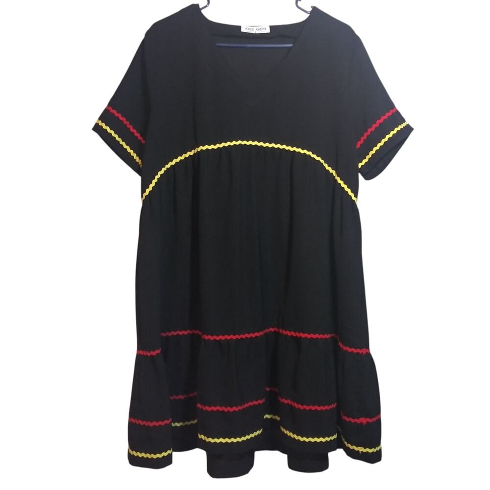 Kate Kasin Black Ric Rac Tiered Mini Sundress Casual Artsy Size L